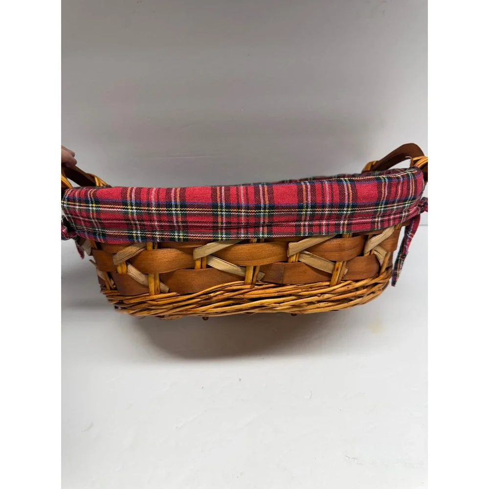 Vintage Wicker Bread Basket with Red Tartan Plaid Liner and Wooden Handles